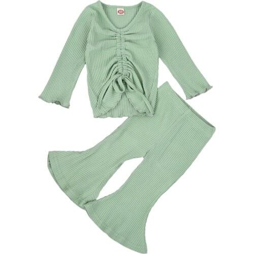 2 Pcs Babys Solid Color Casual Suit Round Neck Long Sleeve Ribbing Short Pullover with Drawstring Loose Bell-bottomed Pants