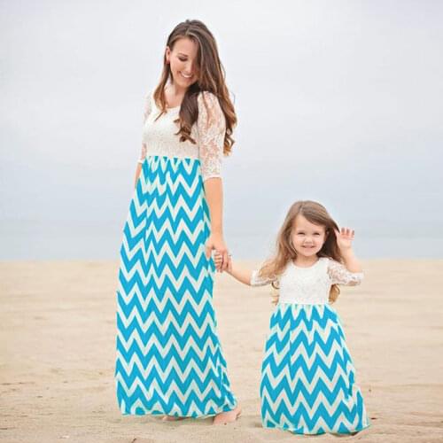 Family Matching Outfit Lace Striped Mother daughter Bud silk dresses mother and kids mom Dresses mommy and daughter clothes