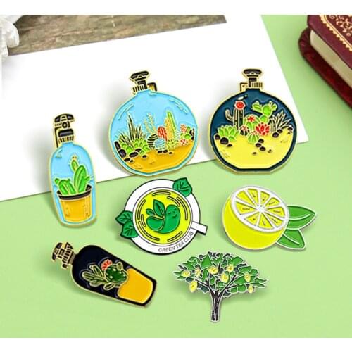 Cute Cactus Potted Lemon Tea Green Tea Enamel Pins Plants in glass bottles Spray Smile Lemon Brooches Lapel Badge Jewelry Kids