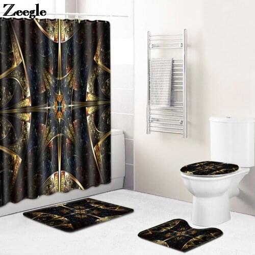 Cool Style Bath Mat and Waterproof Shower Curtain Set Bathroom Carpets Rug U-Shaped Toilet Rug with Non-Slip Toilet Floor Carpet