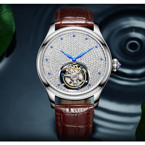 Mechanical Watch Movement AESOP Tourbillon Watch Sapphire Waterproof Numberless Crystals Dial Leather Band Customization