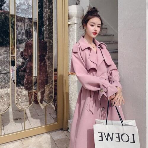 Windbreaker Mid-Length 2021 New Autumn Fashion Coat British Style Pink Jacket Women Double Breasted Slim Korean Outerwear zH714