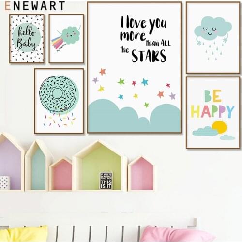 Green Rain Cloud Rainbow Nursery Child Poster Cute Art Decorative Print Wall Painting Picture Nordic Kid Baby Room Decoration