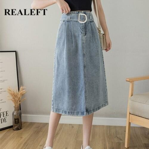 REALEFT 2021 New Denim Womens Umbrella Skirts with Belted Spring Summer High Waist Blue Jeans Female A-Line Midi Skirts Pockets