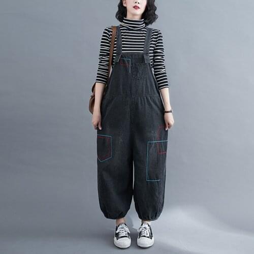 Embroidery Geometric Denim Jumpsuits Women Loose Long Jeans Pants 2021 New Loose Denim Trousers Overalls Rompers Strap Clothes