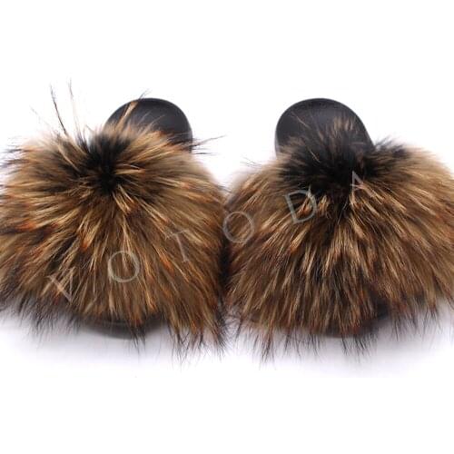 New Hot Women Fur Slippers Female Indoor Rainbow Flat Shoes Women Fluffy Real Fox Fur Slides Woman Raccoon Fur Flip Flop Slip On