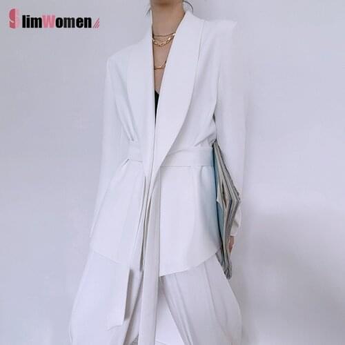 2021 Korean Advanced Loose Blazer White Elegant Two Piece Set Women Blazer High Waist Belt Lace-up Wide Leg Pants Suits Female