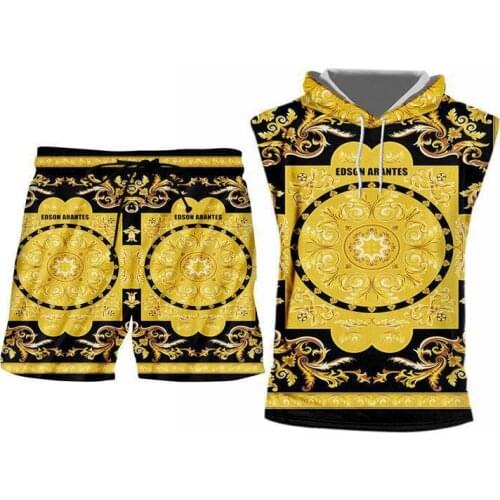 Plus Size S-6XL Summer Mens Tank Tops+Shorts Sets Luxury 3d Baroque Flowers Print Gym Sleeveless Hoodie Shirt Sportsets Custom