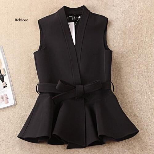 Black Belted Vest Women Spring Casual Colete Femme Plus size Fashion women shawl collar solid suit Waistcoat female Casual Vest