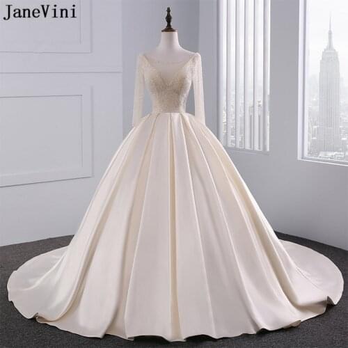 JaneVini Elegant Ball Gown Champagne Wedding Dresses Scoop Neck Luxury Beading Lace-up Back Bridal Gowns Satin Dress Gelinlikler