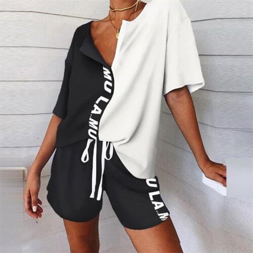 Letter Print ColorBlock Tracksuit Women Two Piece Set Summer Clothes V Neck Pullover Top and Shorts Suits Casual Loose Outfits