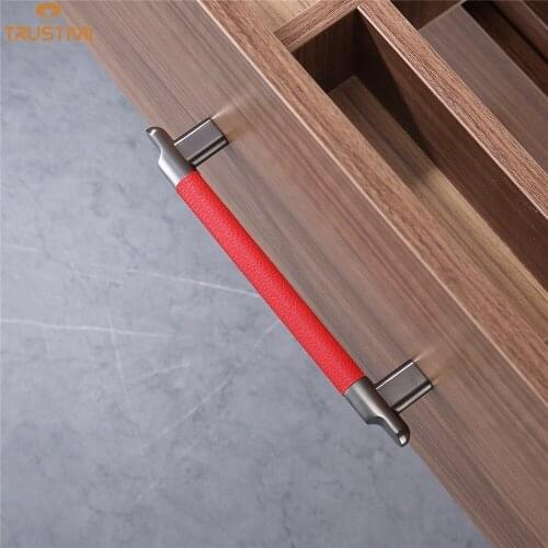 Leather & Brass cabinet knobs and handles drawer handle furniture decotation handles bathroom cupboard Knobs Pull Handle R