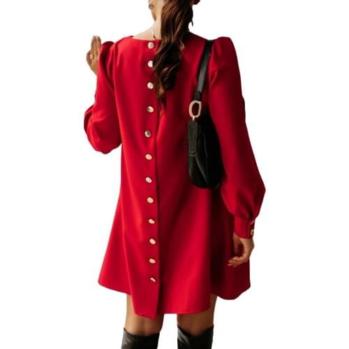 Spring Autumn Dress Women Casual Straight Solid Color Long Sleeve Back Single Breasted Buttons Elegant Mini Dress 2021