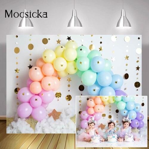 Twinkle Golden Stars Portrait Backdrop Photography Newborn Baby Birthday Cake Smash Background Rainbow Balloons White Cloud