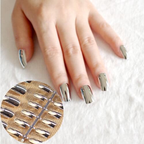 Fashion Metallic Plating Full Cover False Nail Tips Plate Manicure Metalic 24PCS Long Size Silver Fake Nail Art Decorations N02