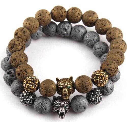 Fashion Jewelry Bracelets 10mm Beautiful Round Lava Wolf Charm Bracelet