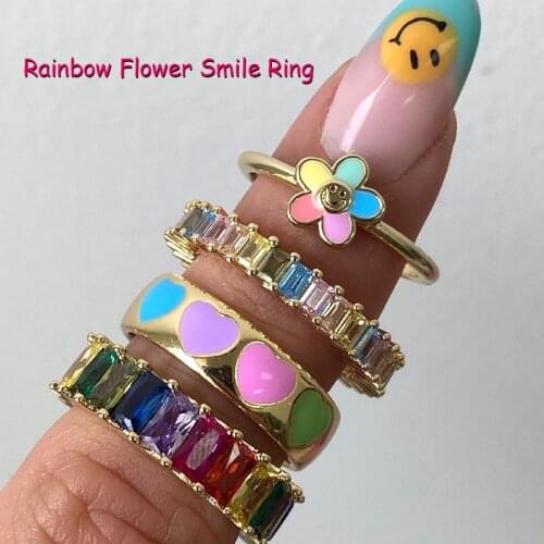 New Ins Rainbow Flower Smiley Rings for Women Y2K Jewelry 90s Aesthetic Charms Cute Vintage Goth Ring 00s Style Friends Gifts