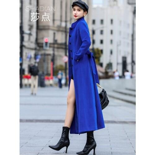 2021 Winters New Style: Slim, Precious Blue Cashmere Coat, Stand Collar, Super Long Slim, Medium and Long Woolen Coat