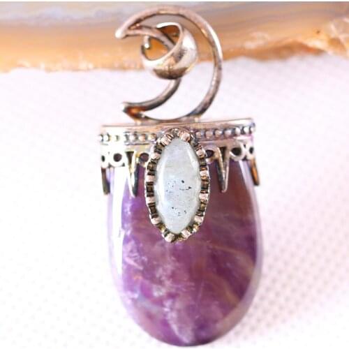 Charm Necklace Pendant Natural Gem Purple Crystal Labradorite Oval Bead Antique Crown Half Moon Jewery Gift 1Pcs K776
