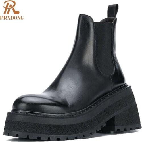Autumn Winter Ladies Chelsea Boots High Heeled Thick Platform Womens Ankle Boots Round Toe Genuine Leather Female Shoes Punk
