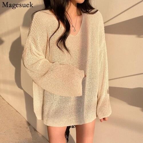 Autumn Long Sleeve Casual Blouse Women Hollow Out V-neck Knitted Sweater 2021 Sunscreen Sweater Loose Tops Summer Blouse 15734