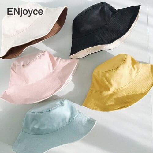 2020 Solid Double-sided Cotton Sun Bucket Hat Spring Summer for Women Wide Brim Anti-UV Flat Fisherman Caps Panama Female Hats
