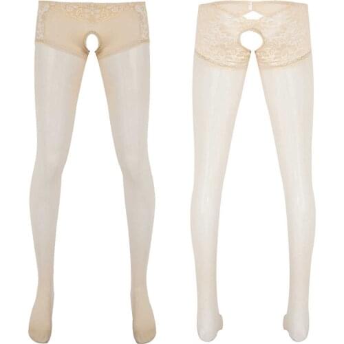 Sexy Lingerie Open Crotch Pantyhose Stockings for Men Nylon Lace Patchwork Tights Seamless Crotchless Pantyhose Sissy Stockings