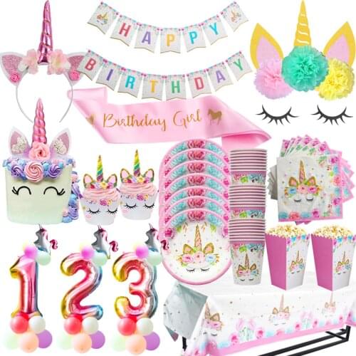 Unicorn Party Supplies Pink Unicorn Headband Sash Disposable Tableware Kit for Girls Birthday Party Decorations Unicorn Supplies