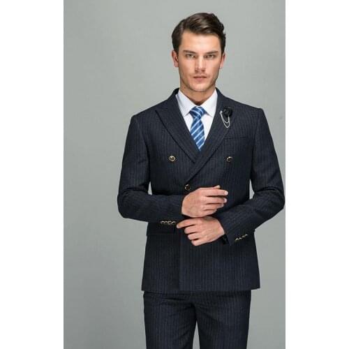 Luxury wool Suits Black Grey Mens Double Breasted Striped Slim Fit Mens Wedding Blazer+pants Europe Gentlemen high-end Costumn