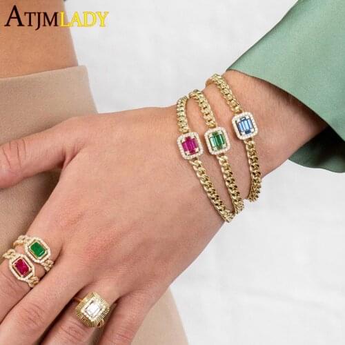 Blue Green Red Jewelry Geometric CZ Square Cubic Zirconia Paved Cuban Link Chain Gold Color Fashion Women Colorful Bracelet