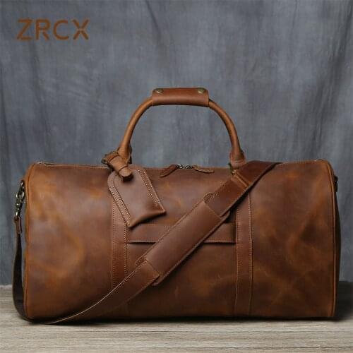 ZRCX Retro Mens Hand Luggage Bag Travel Bag Geunine Leather Large Capacity Single Shoulder Messenger For 15 Inch Laptop
