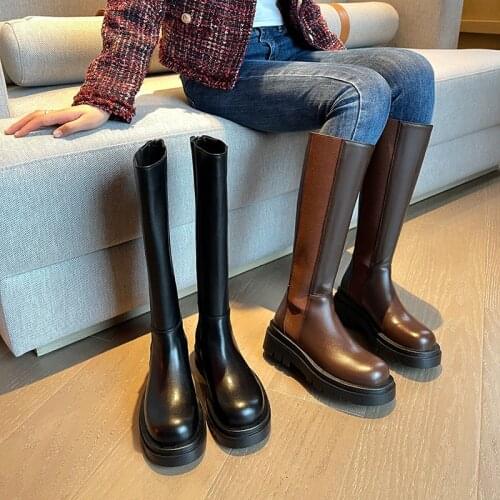 2021 Autumn New Womens Zipper Stitching Heightening Fashion Boots Winter Spring Ladies Genuine Leather Knee High Boots