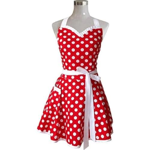 Red Retro Kitchen Apron Woman Girl Cotton Polka Dot Cooking Salon Pinafore Vintage Dress Waterproof
