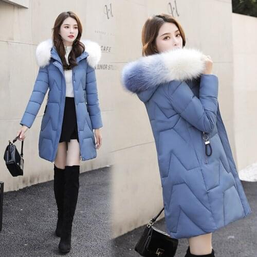Autumn winter large size Korean fashion women long coat color large fur collar women Slim hooded padded