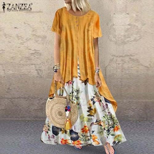 ZANZEA Pacthwork Long Dress Summer Short Sleeve Women Vintage Floral Printed Sundress Casual Retro Party Vestido Femme Dresses