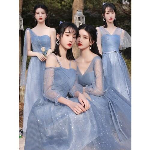 Elegant Bridesmaid Dresses Women 3 Colors Empire A-line V-neck Wedding Mesh With Belt Robe De Cocktail 9573