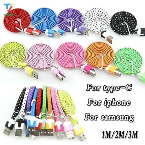 100pcs/lot Colorful USB Data Sync flat braided Charger Cable Cord Wire 1M/2M/3M 5pin 8pin Type C For iPhone Android phone