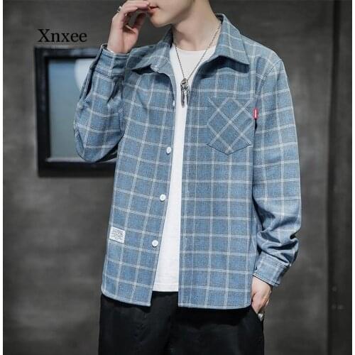 2021 Plaid Lapel Shirt Mens Long Sleeved Korean Handsome Spring Autumn New Casual Slim Jacket Fashion Loose Coat Clothing Tops