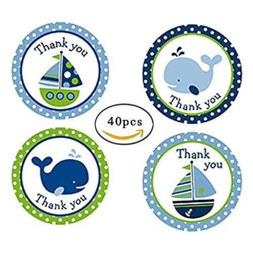 40pcs Cartoon Whale Sailboat Round Sticker Sailing Thank You Seal Labels for Kids Birthday Gifts Favors