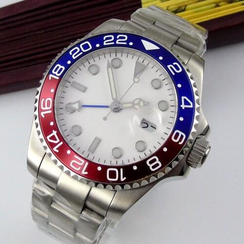 40mm White Sterile Dial Automatic Mens Watch Steel Insert Bezel Mechanical GMT Oyster Strap Sapphire Glass Deployment