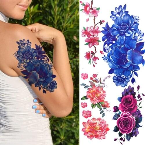 Large Watercolor Peony Temporary Tattoos Sticker For Women Lady Long Lasting Tattoo Rose Dahlia Plum Blossom Fake Tatoo