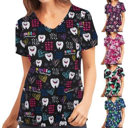 Cute Tooth Heart Funny Graphic Women Nurse Uniform T-Shirt Hospital Carer Worker Working Scrubs Tops enfermeria accesorios A40