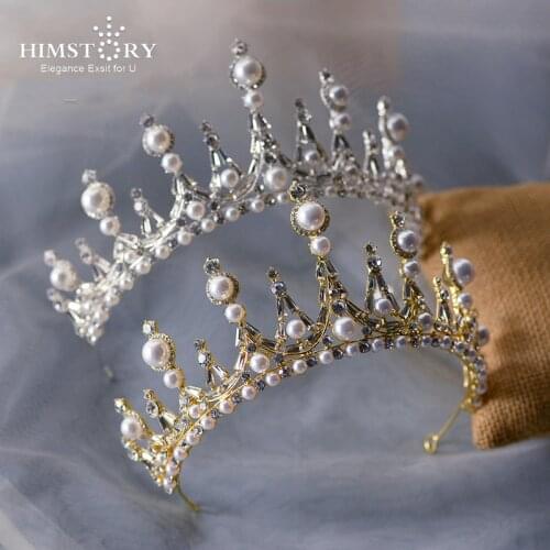 HIMSTORY Elegance White /GOLD Bridal Tiaras Crown Headband Crystal Rhinestone Pageant Bride Hair Accessories Pearl Wedding Crow