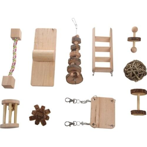 Hamster Chew Toys 10 Pack Natural Wooden Pine Guinea Pigs Rats Chinchillas Toys Accessories Dumbells Exercise Bell Roller Teeth