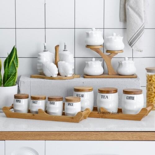 Ceramic Seasoning Tank Oil Bottle Household Sealed Storage Tank Salt Pepper Bottle Kitchen Supplies Natural Bamboo Wood Cruet