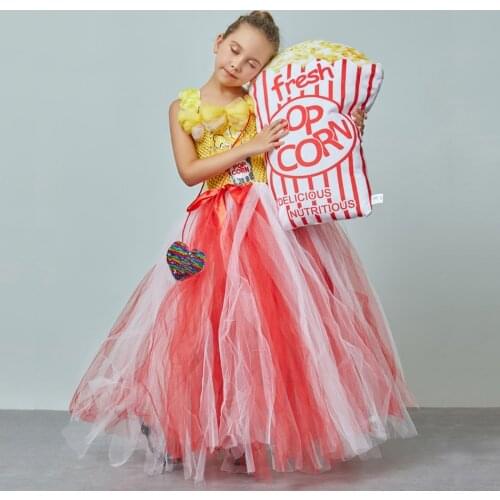 Popcorn Costume Dress For Girls Halloween Carnival Disguise Clothes Kids Long Tutu Dress Fancy Ball Gown Baby Performance Outfit