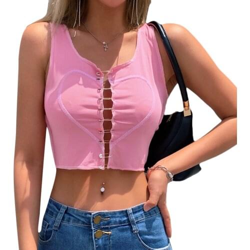 Girls Summer Crop Tank Tops Women Sleeveless Front Heart Safety Pin Connect Hollowed Short Camisole Pink/Red