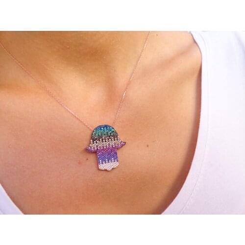 Multi color cz micro pave hamsa hand turkish jewelry rose gold color fatimas hand pendant necklace