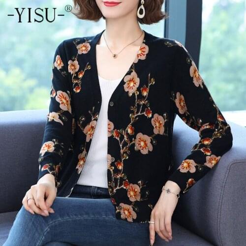 YISU Fashion Womens clothing Cardigans Sweater V-Neck printing Knitted Coat Cardigan Single Breasted Casual Knit Jacket Sweater