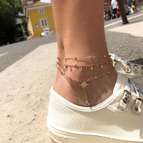 Fashion Crystal Anklet Set Bohemian Gold Sequins Star Tassel Ankle Bracelets for Women Summer Beach Foot Jewelry Sandals Anklets